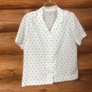 Donovan Vintage White with Kelly Green Dot Bubbles Button Down Blouse Size 16